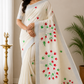 Off-White Kerala Cotton Saree with Red & Parrot Green Floral Vine Design and Silver Kasavu Border
