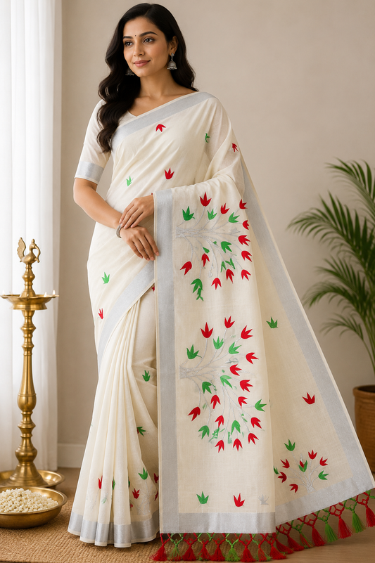 Off-White Kerala Cotton Saree with Red & Parrot Green Floral Vine Design and Silver Kasavu Border
