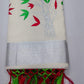 Off-White Kerala Cotton Saree with Red & Parrot Green Floral Vine Design and Silver Kasavu Border