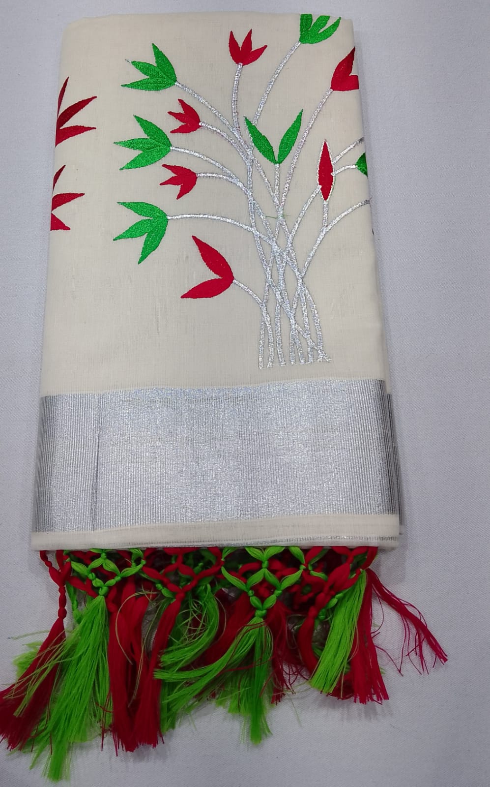Off-White Kerala Cotton Saree with Red & Parrot Green Floral Vine Design and Silver Kasavu Border
