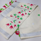 Off-White Kerala Cotton Saree with Red & Parrot Green Floral Vine Design and Silver Kasavu Border