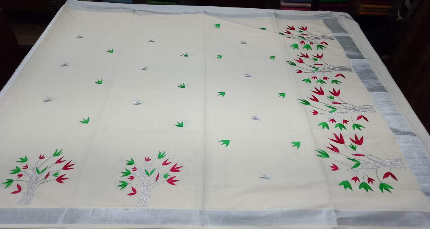 Off-White Kerala Cotton Saree with Red & Parrot Green Floral Vine Design and Silver Kasavu Border