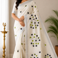 Off-White Kerala Cotton Saree with Black & Parrot Green Leaf Motifs and Silver Kasavu Border