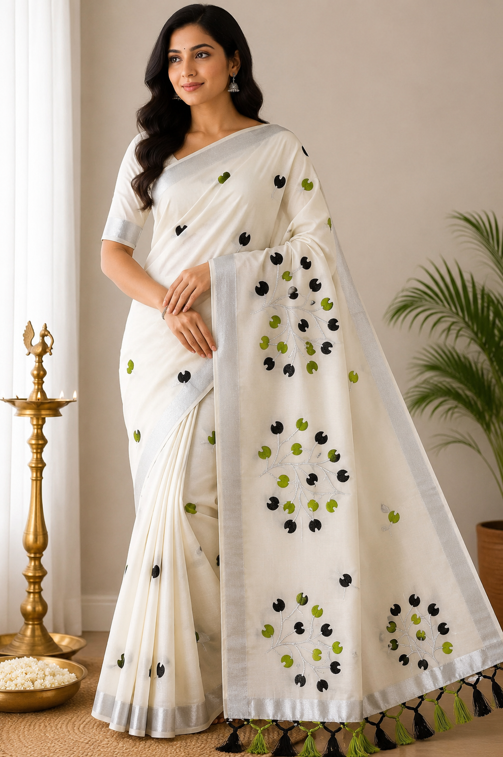 Off-White Kerala Cotton Saree with Black & Parrot Green Leaf Motifs and Silver Kasavu Border