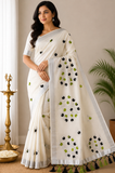 Off-White Kerala Cotton Saree with Black & Parrot Green Leaf Motifs and Silver Kasavu Border