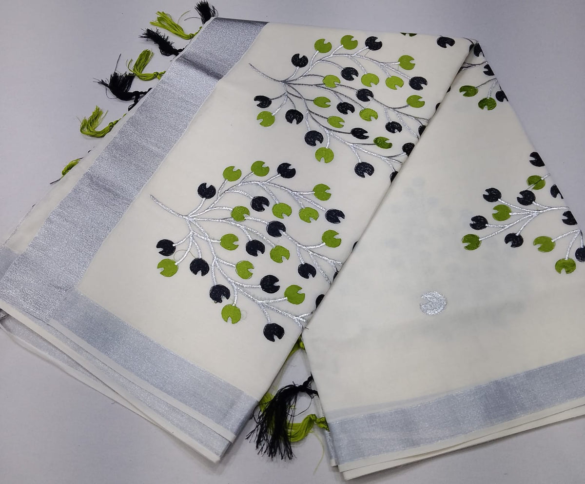 Off-White Kerala Cotton Saree with Black & Parrot Green Leaf Motifs and Silver Kasavu Border