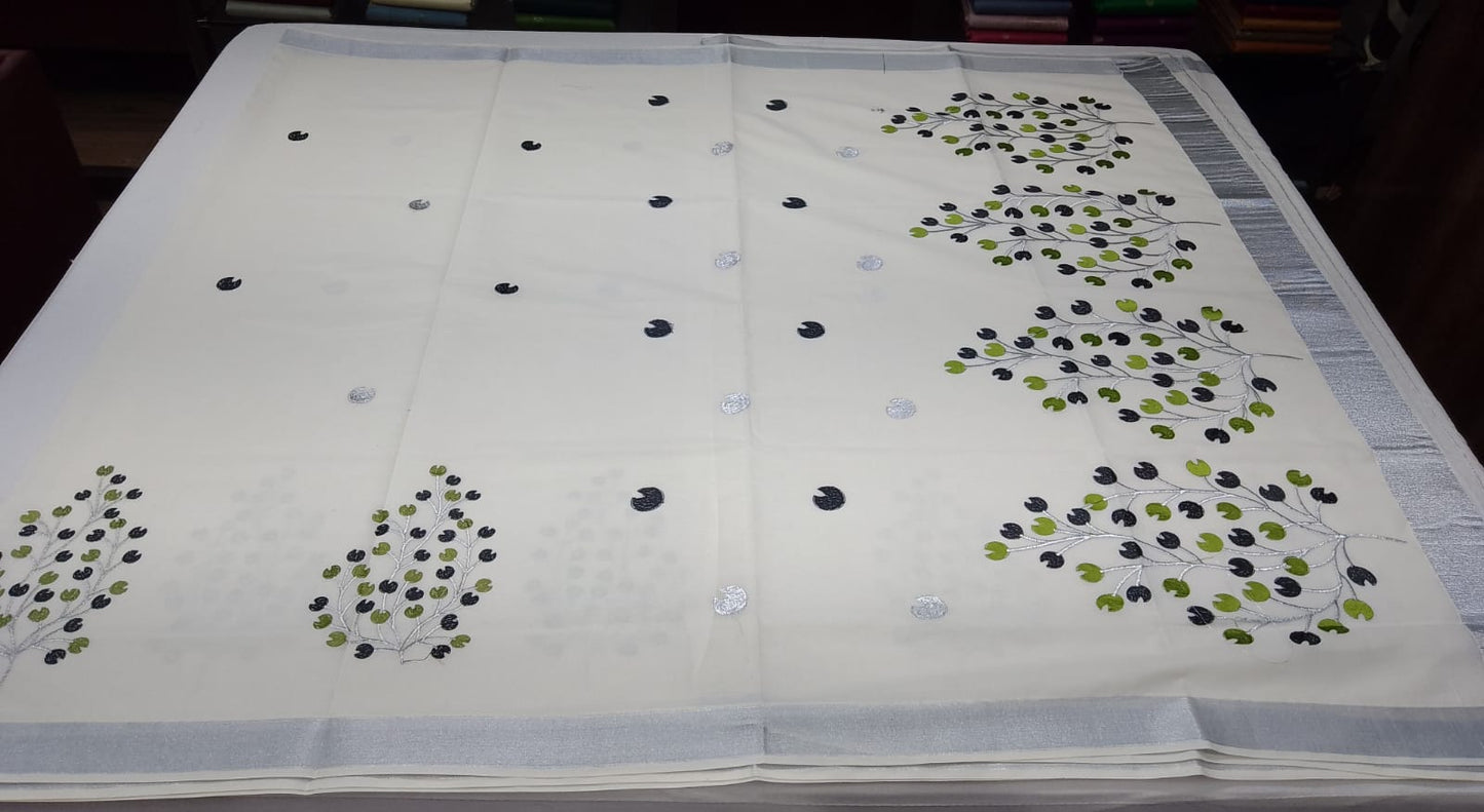 Off-White Kerala Cotton Saree with Black & Parrot Green Leaf Motifs and Silver Kasavu Border