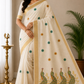 Off-White Kerala Cotton Saree with Peacock Embroidery and Golden Kasavu Border