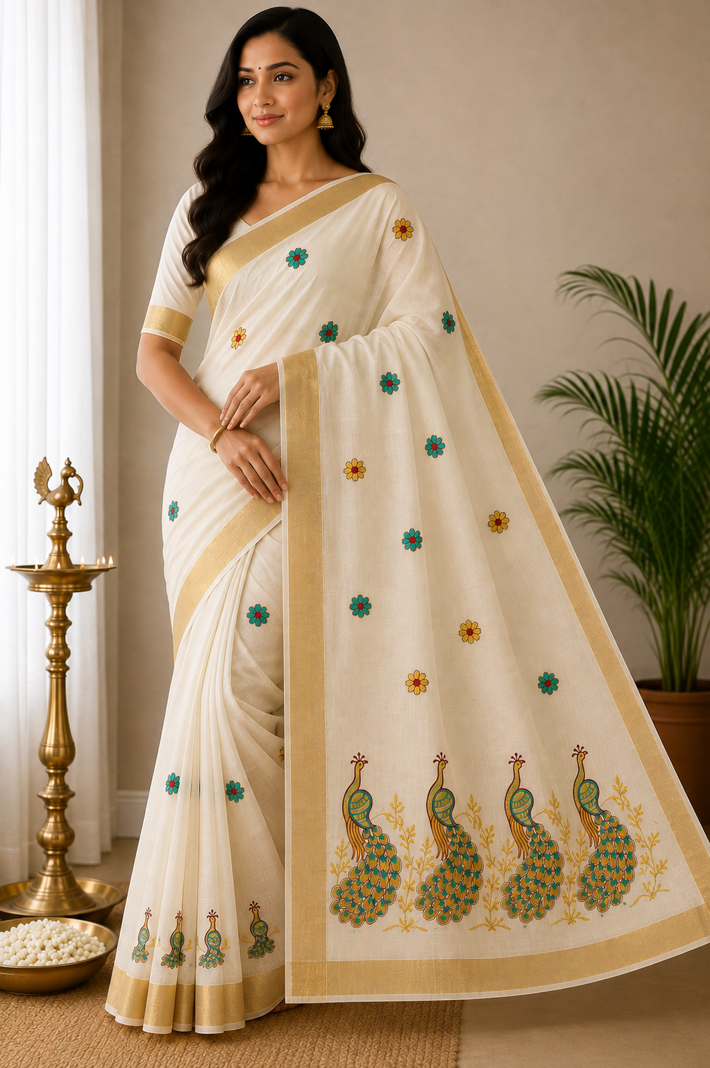 Off-White Kerala Cotton Saree with Peacock Embroidery and Golden Kasavu Border