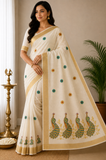 Off-White Kerala Cotton Saree with Peacock Embroidery and Golden Kasavu Border