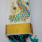 Off-White Kerala Cotton Saree with Peacock Embroidery and Golden Kasavu Border