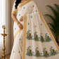 Off-White Kerala Cotton Saree with Traditional Elephant Pot Motif and Golden Kasavu Border