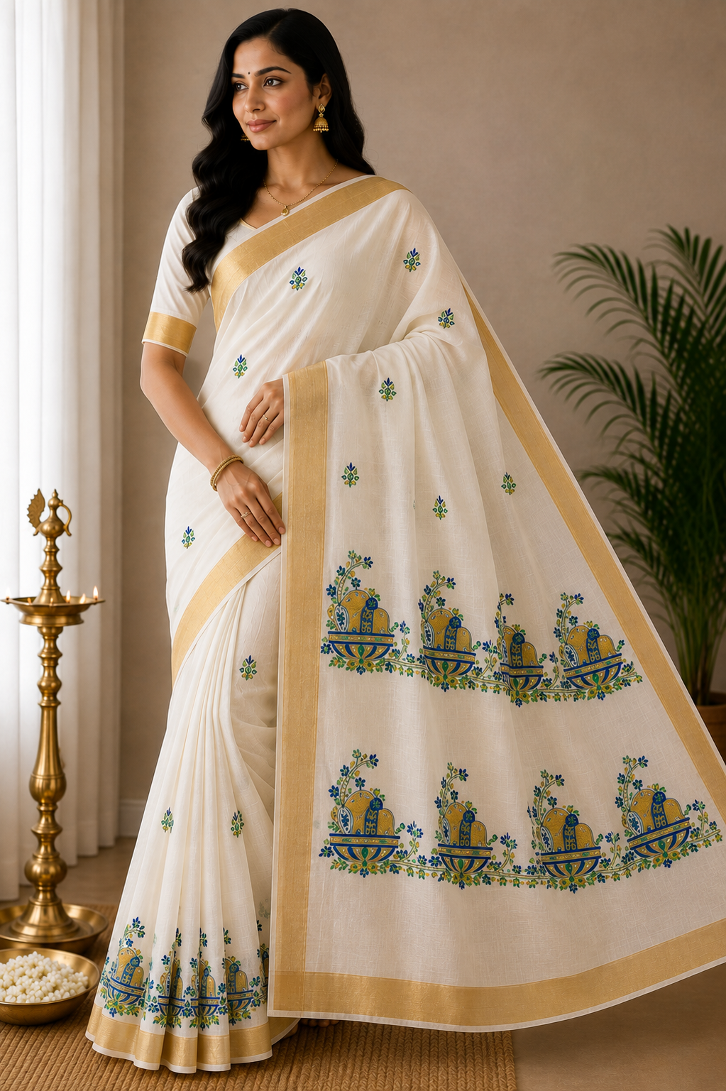 Off-White Kerala Cotton Saree with Traditional Elephant Pot Motif and Golden Kasavu Border
