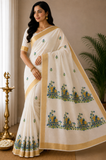 Off-White Kerala Cotton Saree with Traditional Elephant Pot Motif and Golden Kasavu Border