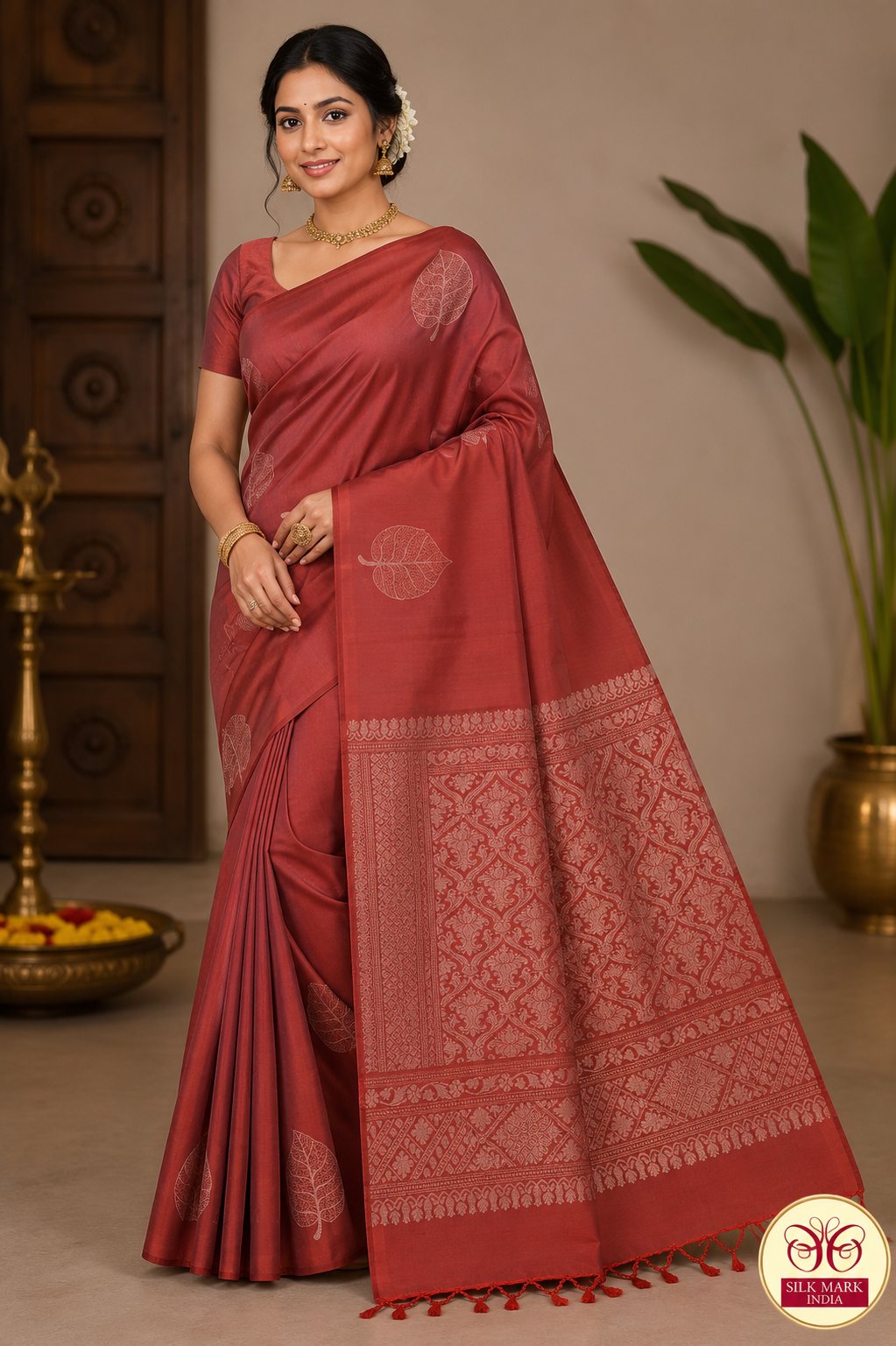 Pure Handloom Soft Silk Borderless Saree – Rust Maroon with Self Woven Leaf & Rich Pallu