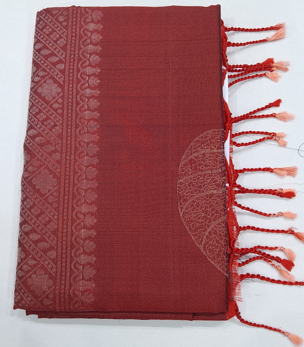 Pure Handloom Soft Silk Borderless Saree – Rust Maroon with Self Woven Leaf & Rich Pallu
