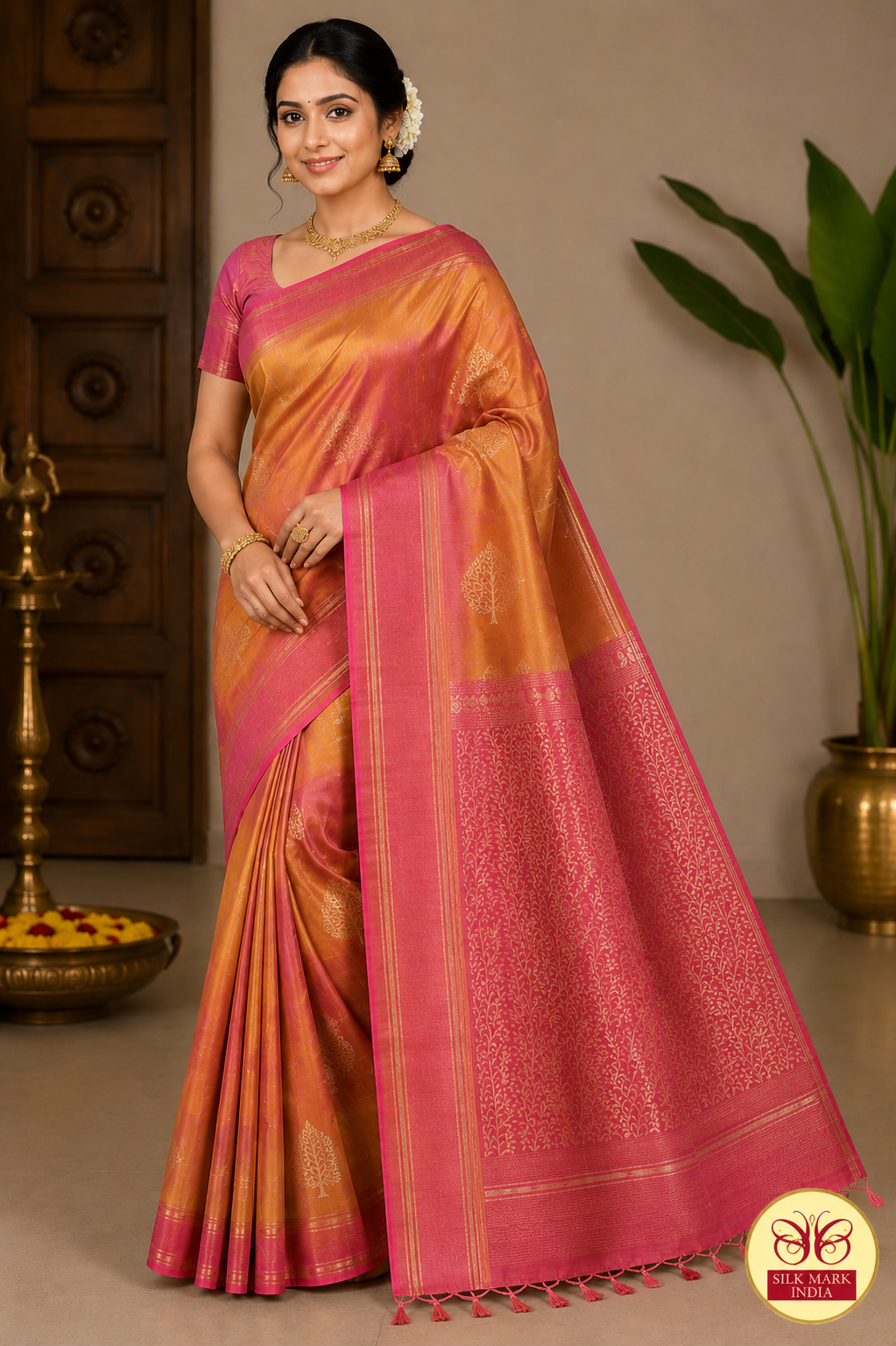 Pure Handloom Dual Tone Soft Silk Saree – Mustard Gold & Candy Pink with Broad Contrast Border