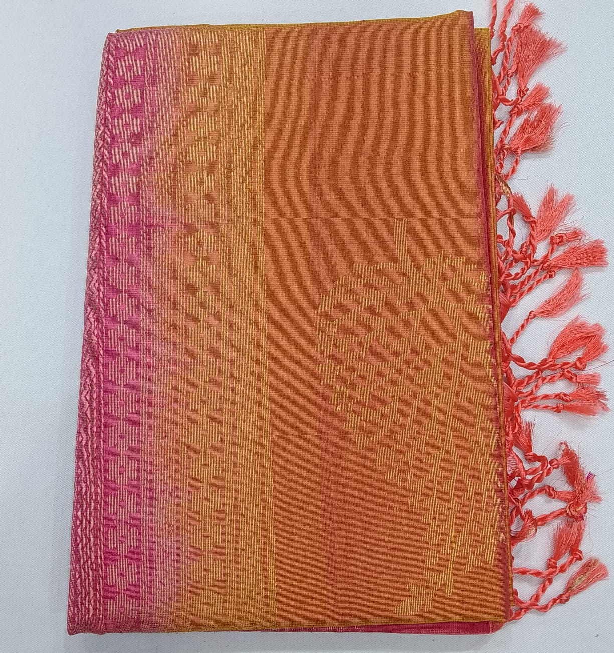 Pure Handloom Dual Tone Soft Silk Saree – Mustard Gold & Candy Pink with Broad Contrast Border