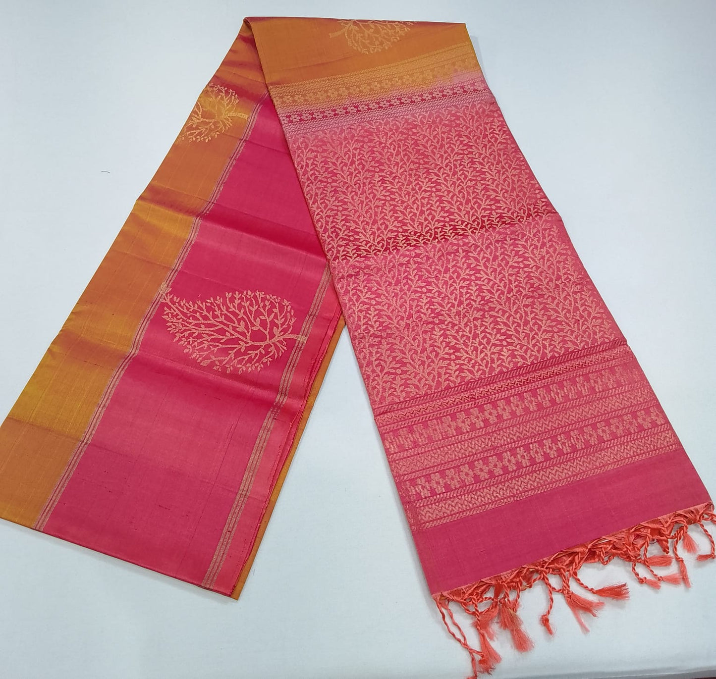 Pure Handloom Dual Tone Soft Silk Saree – Mustard Gold & Candy Pink with Broad Contrast Border