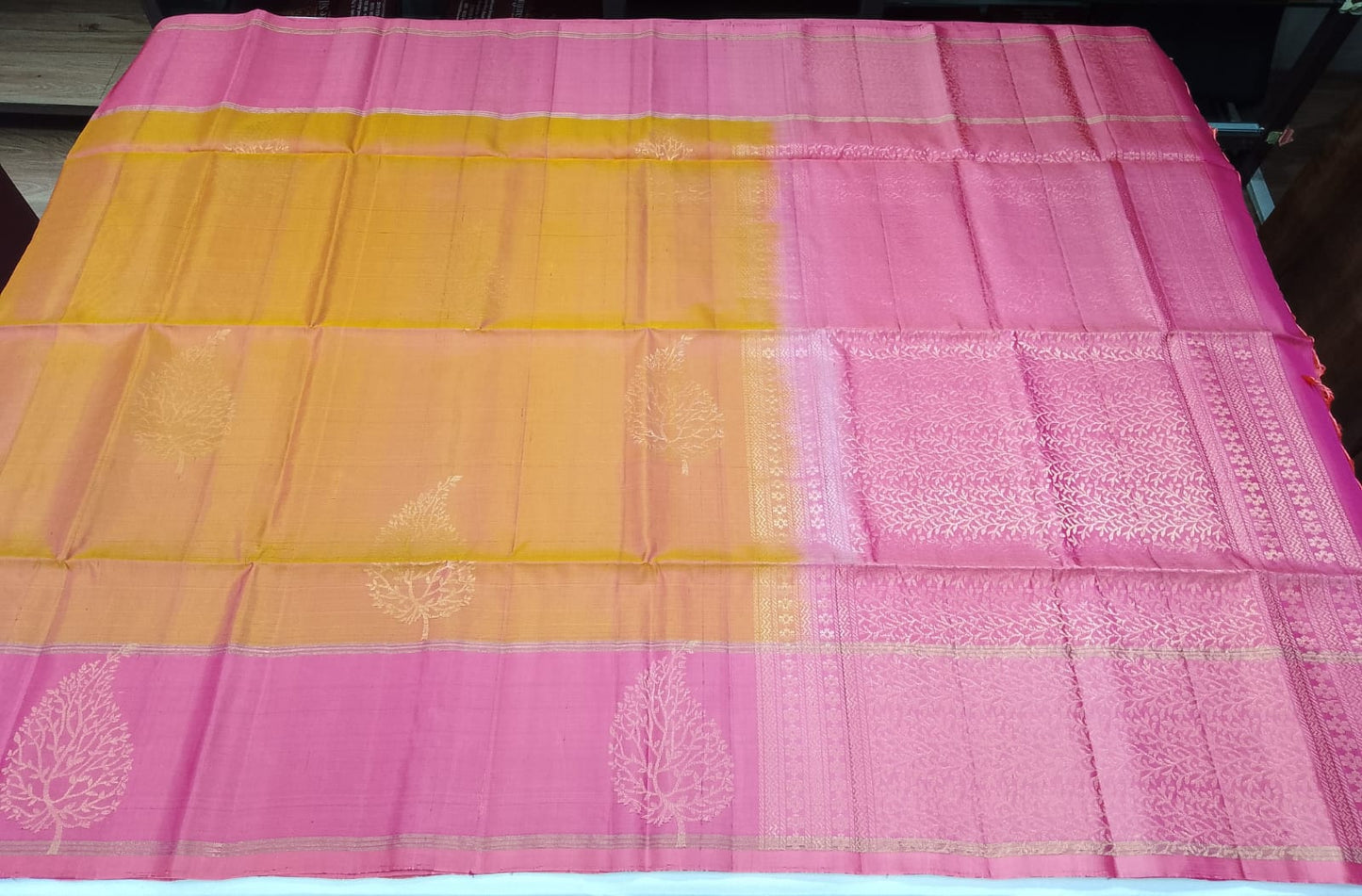 Pure Handloom Dual Tone Soft Silk Saree – Mustard Gold & Candy Pink with Broad Contrast Border