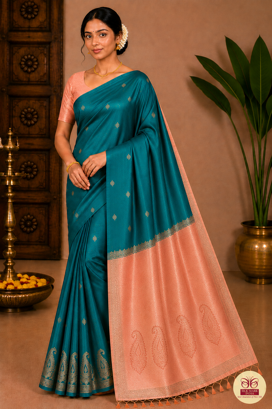 Pure Handloom Soft Silk Saree – Emerald Green with Antique Peach Gold Zari Border & Designer Pallu