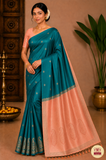 Pure Handloom Soft Silk Saree – Emerald Green with Antique Peach Gold Zari Border & Designer Pallu