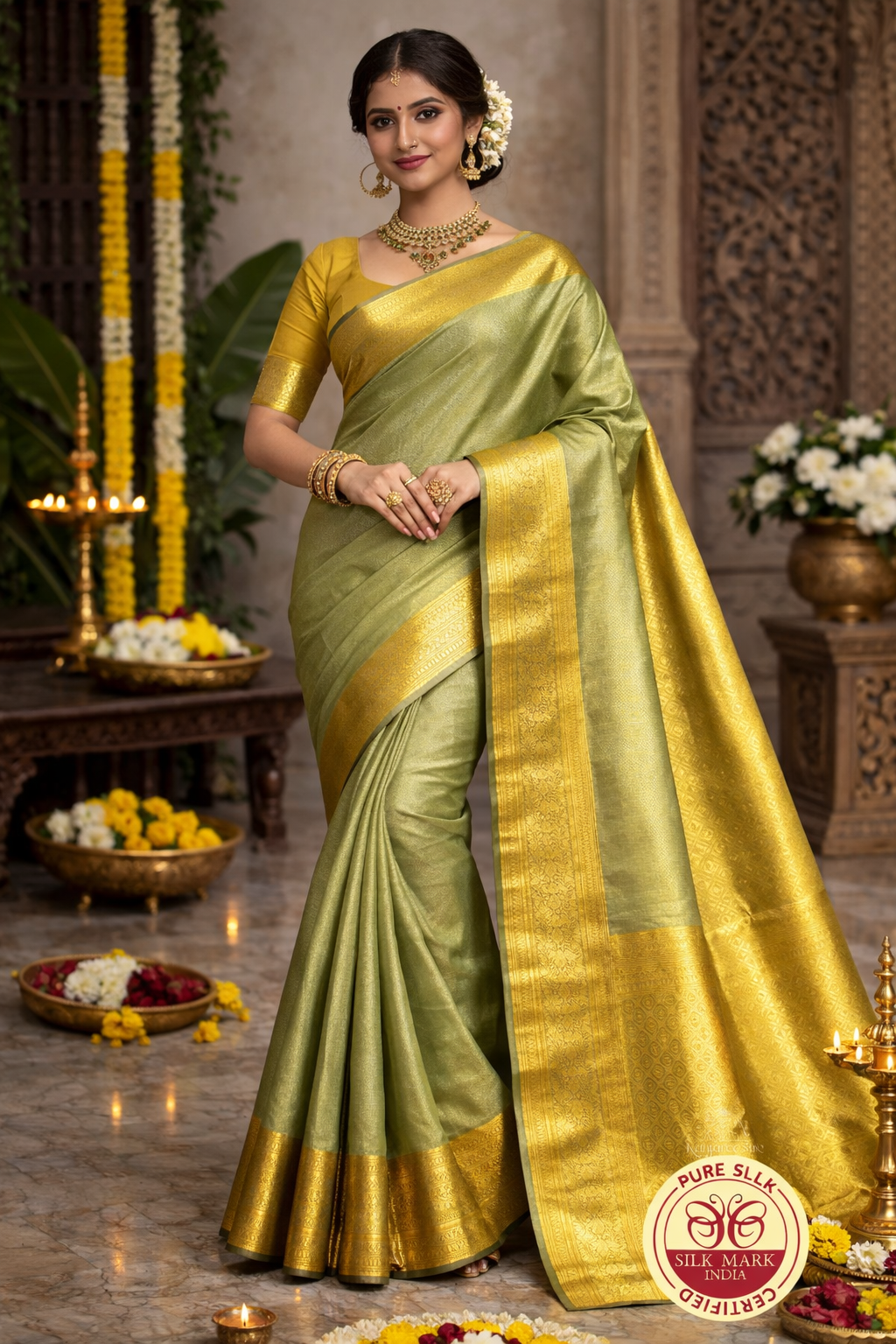 Olive Green Handloom Pure Kanjivaram Silk Saree with Antique Gold Zari Border