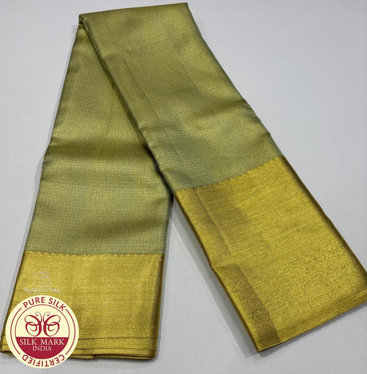Olive Green Handloom Pure Kanjivaram Silk Saree with Antique Gold Zari Border