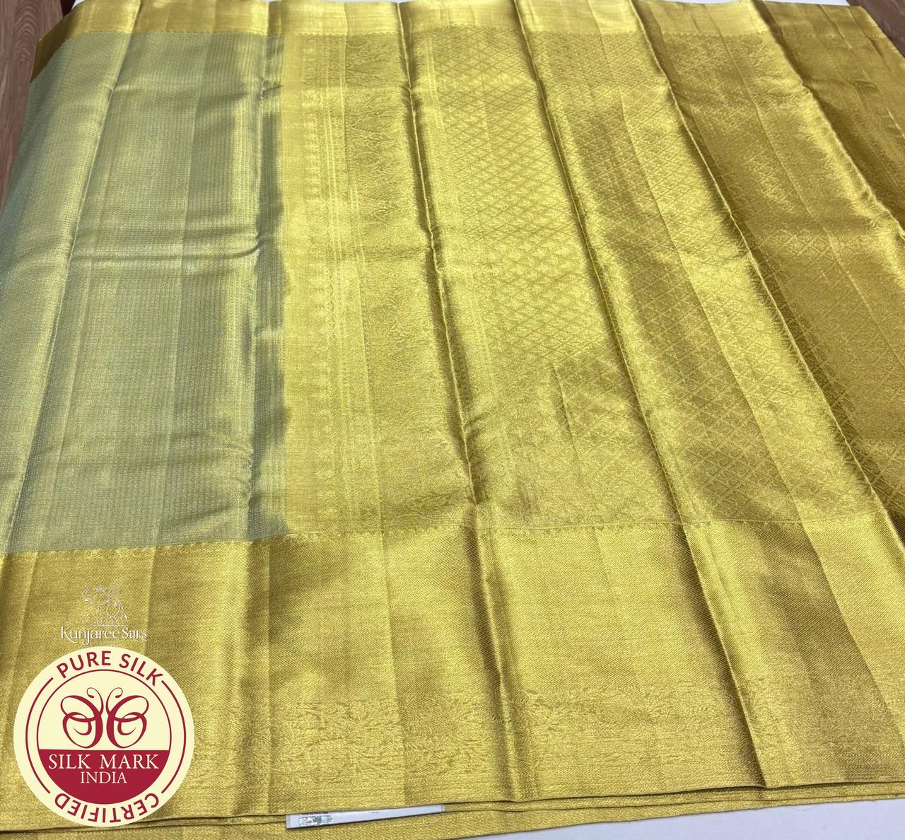 Olive Green Handloom Pure Kanjivaram Silk Saree with Antique Gold Zari Border