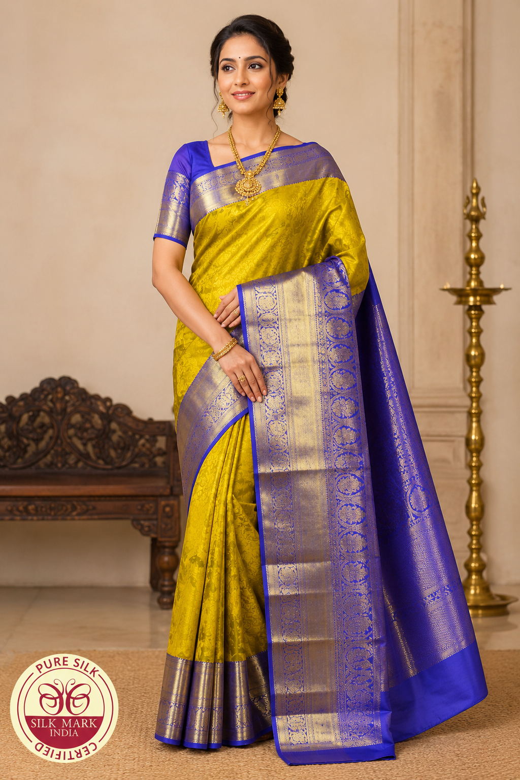 Royal Mustard Yellow Pure Kanjivaram Silk Saree with Violet Zari Border