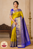 Royal Mustard Yellow Pure Kanjivaram Silk Saree with Violet Zari Border