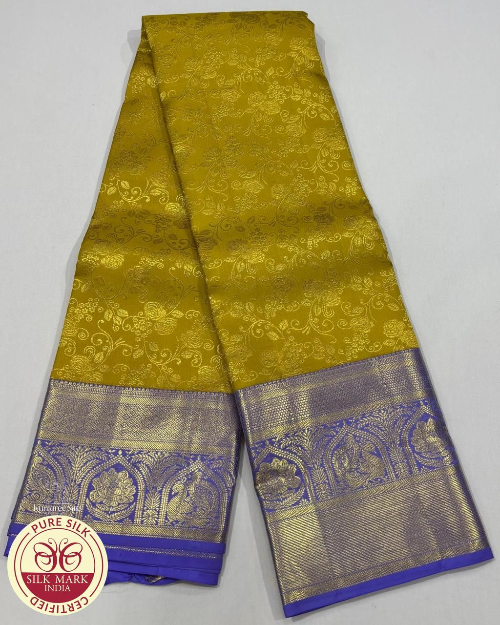 Royal Mustard Yellow Pure Kanjivaram Silk Saree with Violet Zari Border