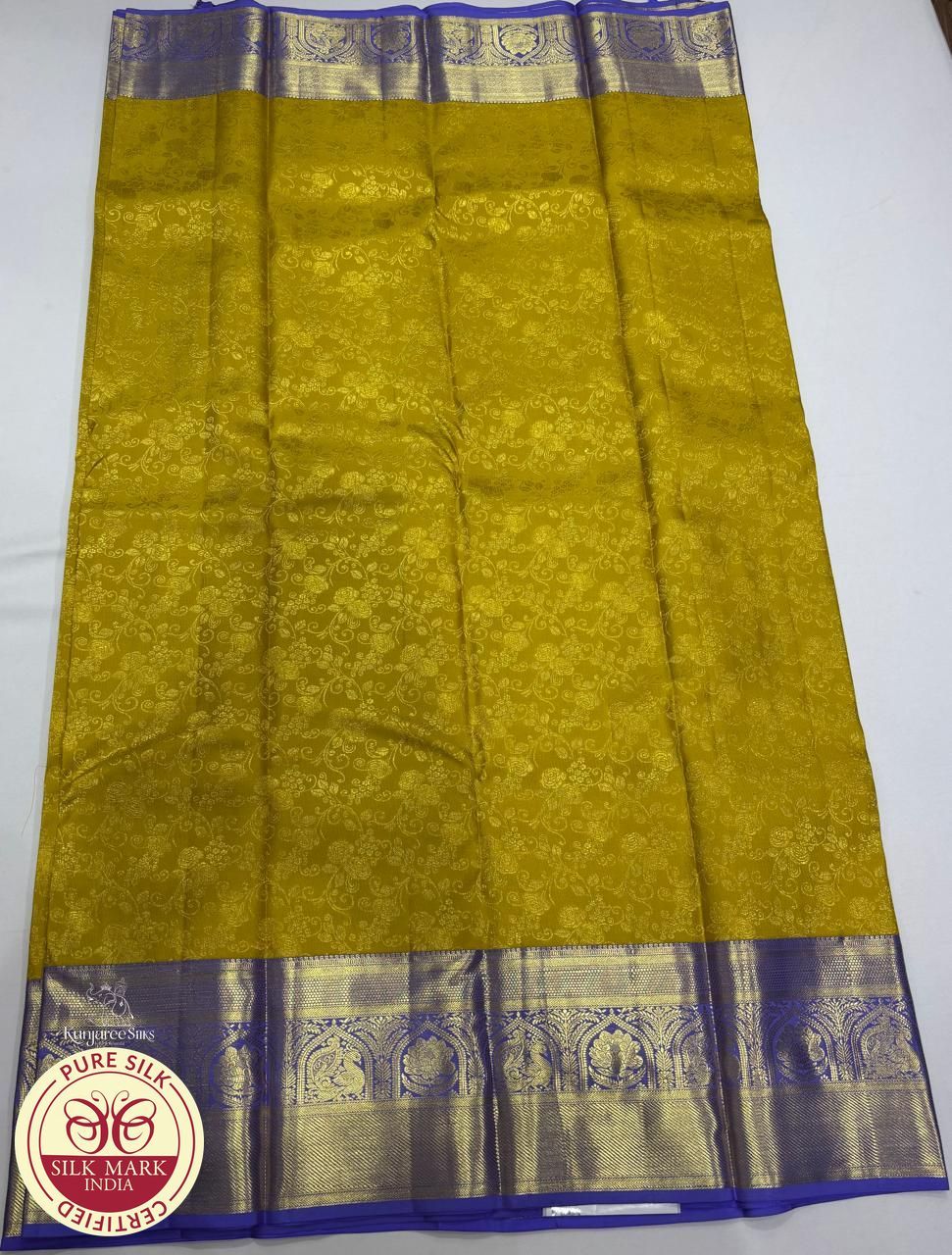 Royal Mustard Yellow Pure Kanjivaram Silk Saree with Violet Zari Border