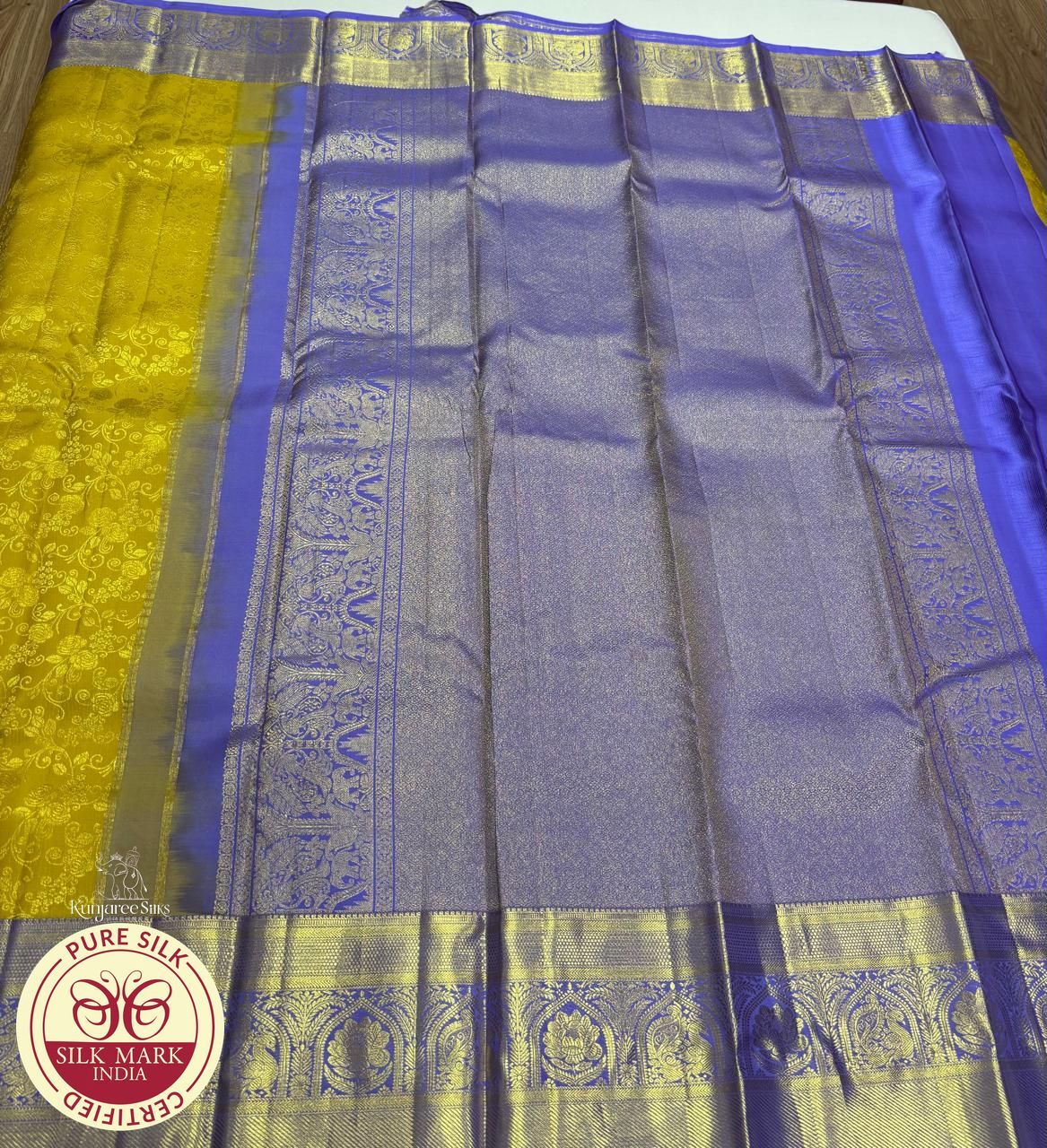 Royal Mustard Yellow Pure Kanjivaram Silk Saree with Violet Zari Border