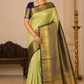 Pure Handloom Kanjivaram Silk Bridal Saree in Pastel Lime Green with Antique Gold Elephant Border & Navy Blue Zari Pallu