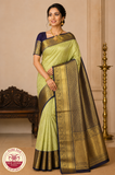 Pure Handloom Kanjivaram Silk Bridal Saree in Pastel Lime Green with Antique Gold Elephant Border & Navy Blue Zari Pallu