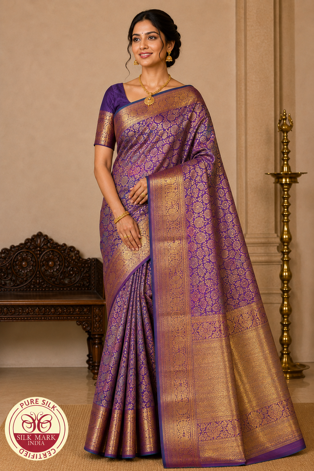 Pure Handloom Kanjivaram Silk Saree in Dual -Tone  Royal Purple with Aqua Teal & Antique Gold Zari Border
