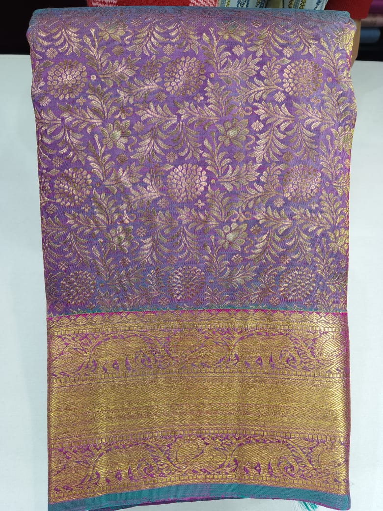 Pure Handloom Kanjivaram Silk Saree in Dual -Tone  Royal Purple with Aqua Teal & Antique Gold Zari Border