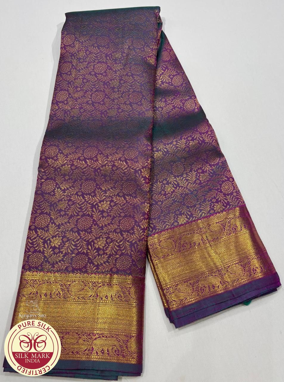 Pure Handloom Kanjivaram Silk Saree in Dual -Tone  Royal Purple with Aqua Teal & Antique Gold Zari Border