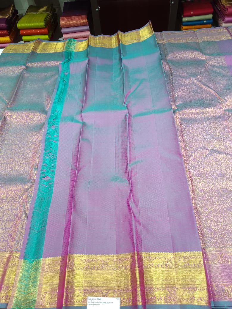Pure Handloom Kanjivaram Silk Saree in Dual -Tone  Royal Purple with Aqua Teal & Antique Gold Zari Border