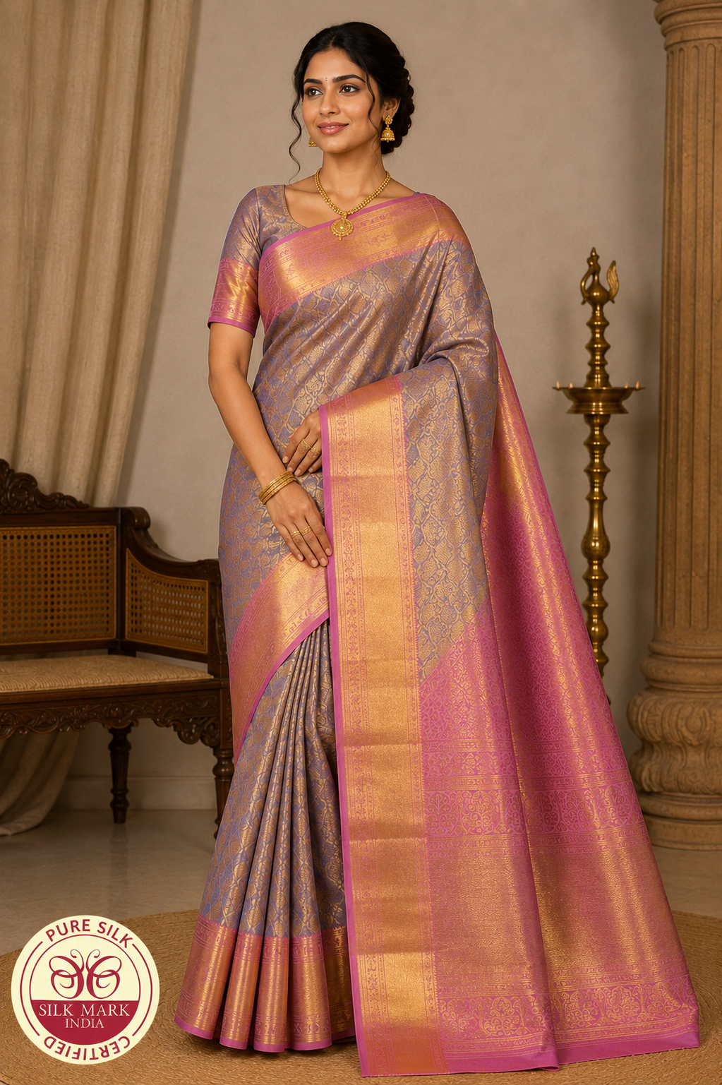 Pure Handloom Silk Bridal Saree in Antique Gold with Rose Pink Zari Pallu & Traditional Woven Border