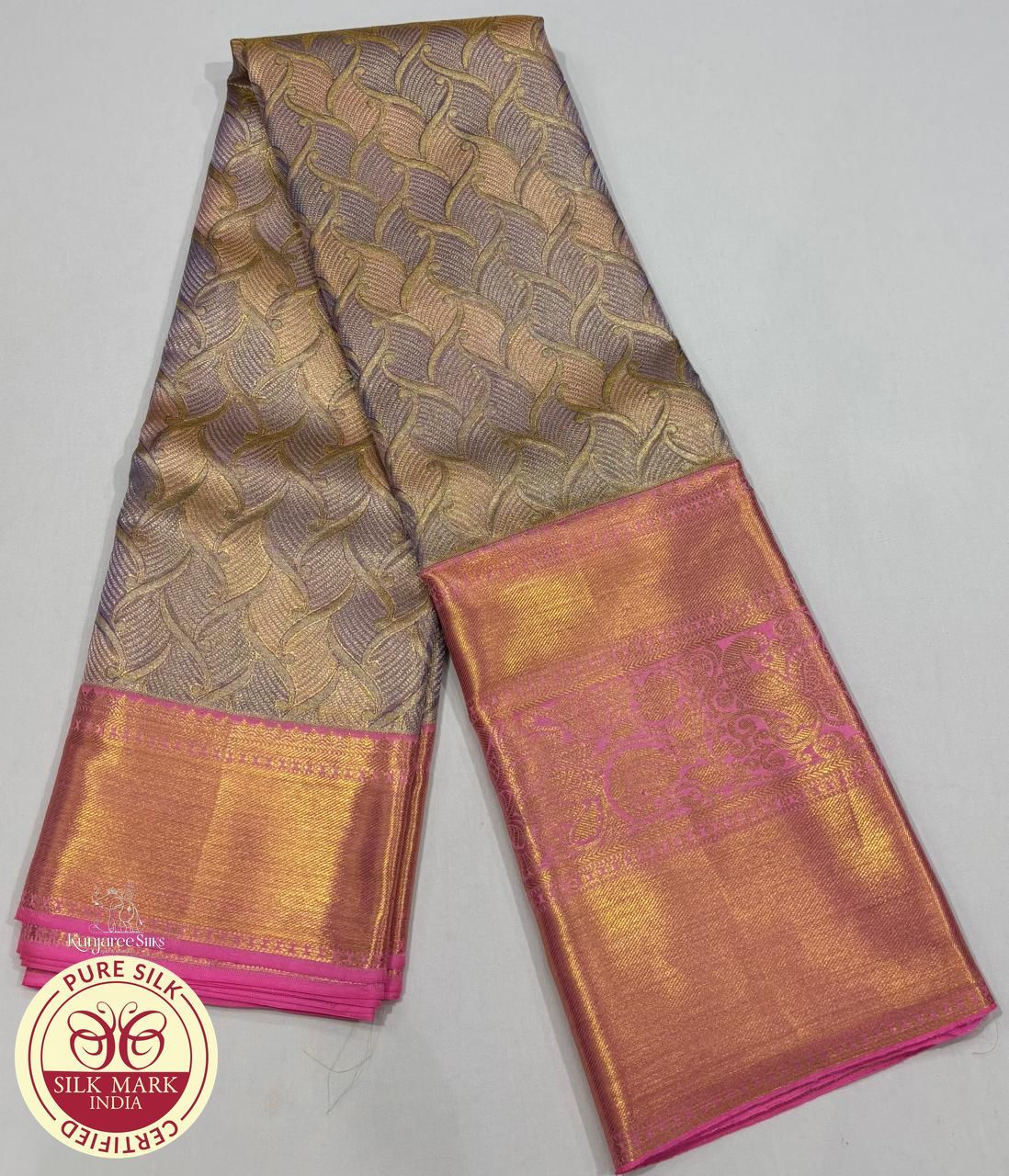 Pure Handloom Silk Bridal Saree in Antique Gold with Rose Pink Zari Pallu & Traditional Woven Border