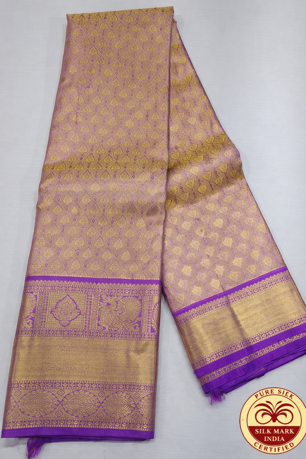 Elegant Gold Tissue Kanjivaram with Royal Violet Accents