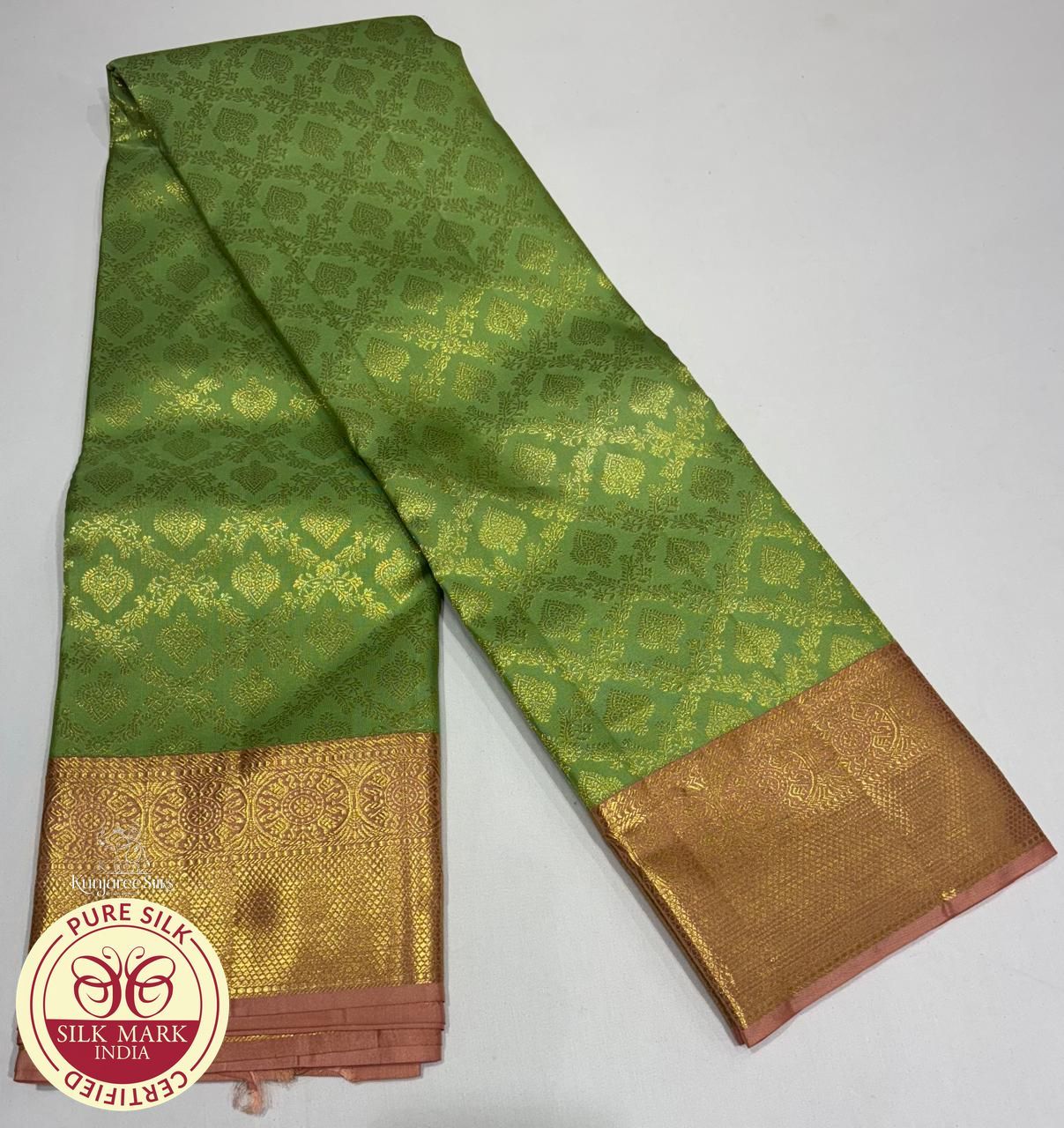 Pure Handloom Kanjivaram Silk Bridal Saree in Parrot Green with Antique Gold Zari & Rose Pink Border