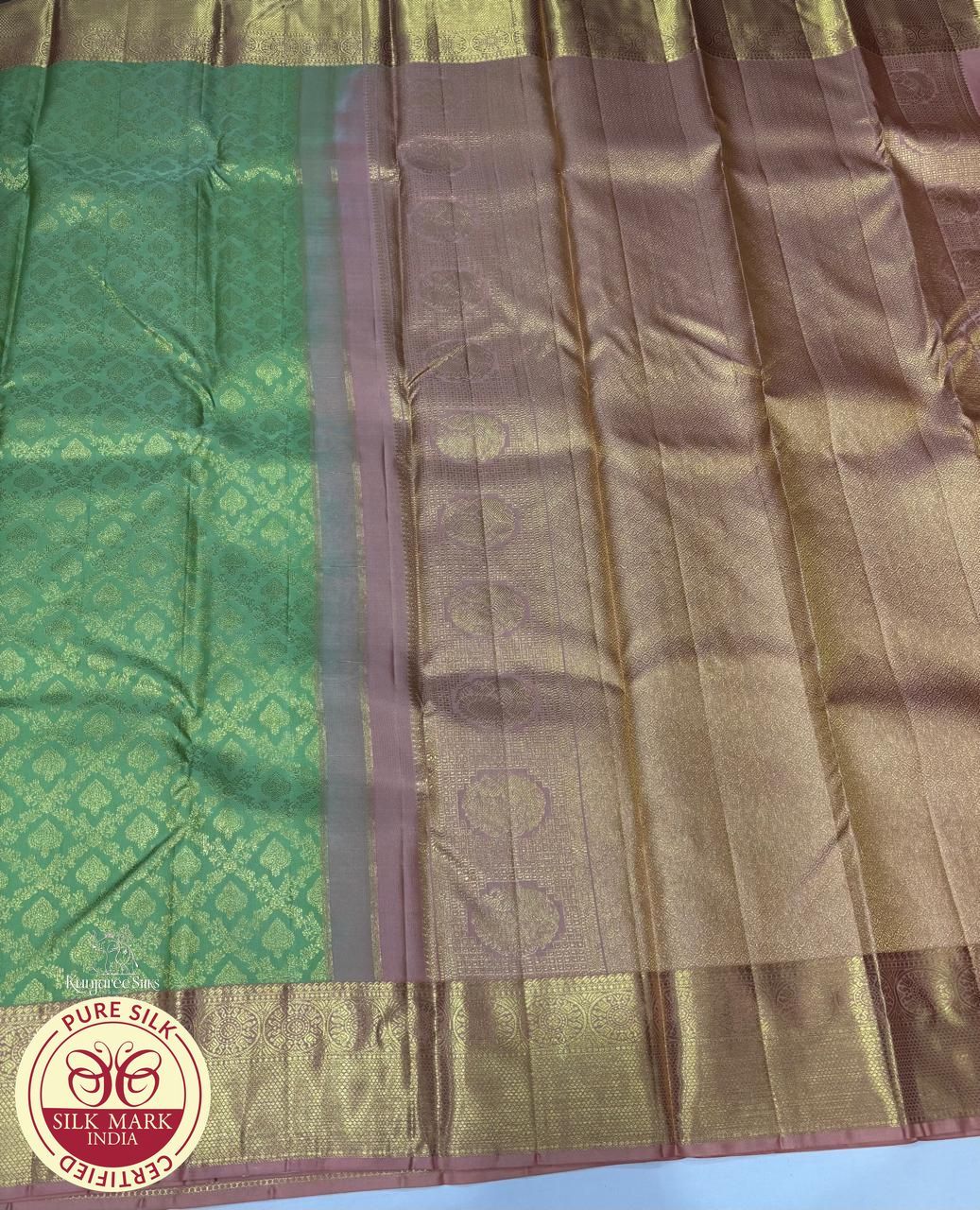 Pure Handloom Kanjivaram Silk Bridal Saree in Parrot Green with Antique Gold Zari & Rose Pink Border