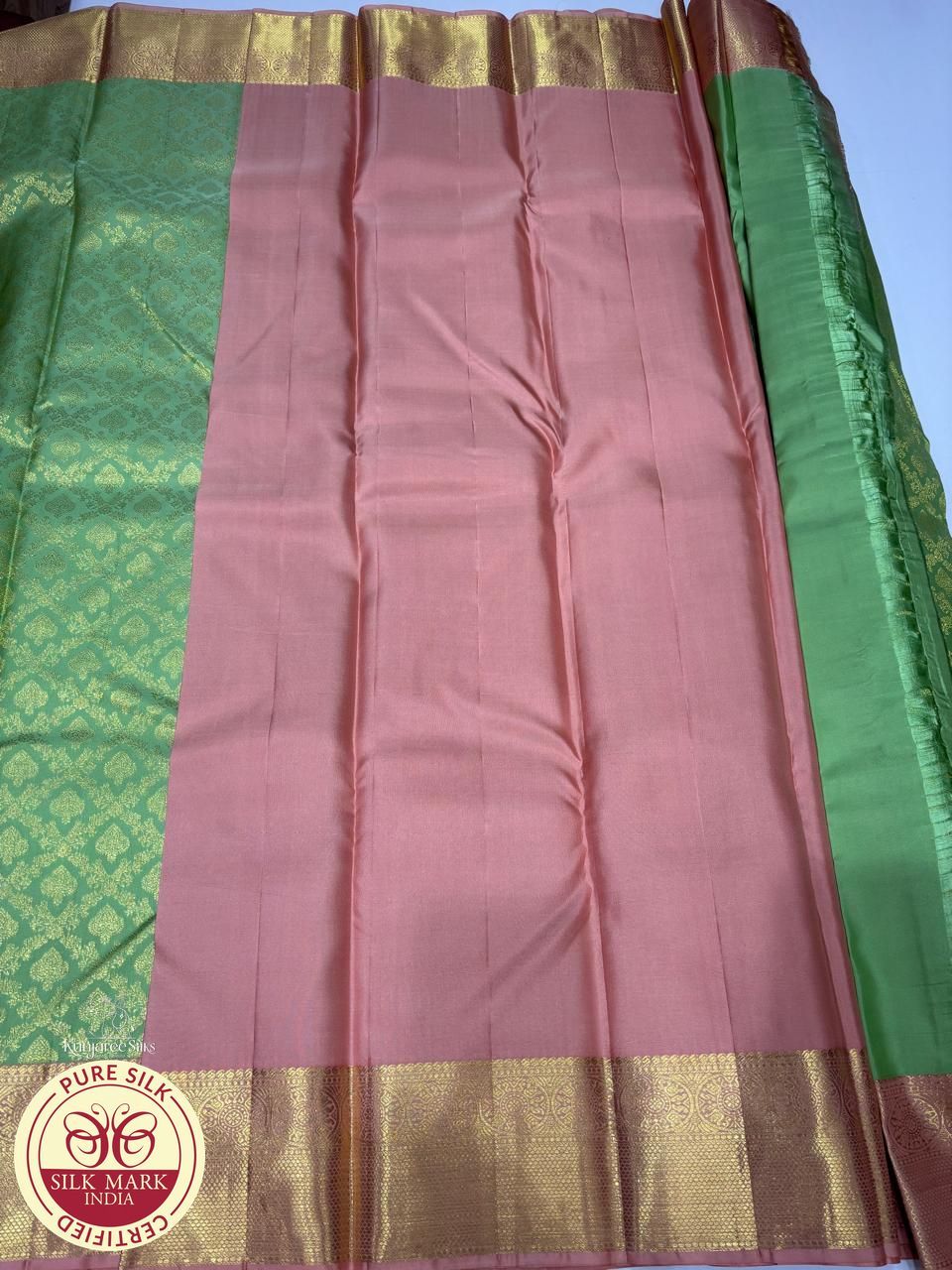 Pure Handloom Kanjivaram Silk Bridal Saree in Parrot Green with Antique Gold Zari & Rose Pink Border