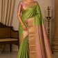 Pure Handloom Kanjivaram Silk Bridal Saree in Parrot Green with Antique Gold Zari & Rose Pink Border
