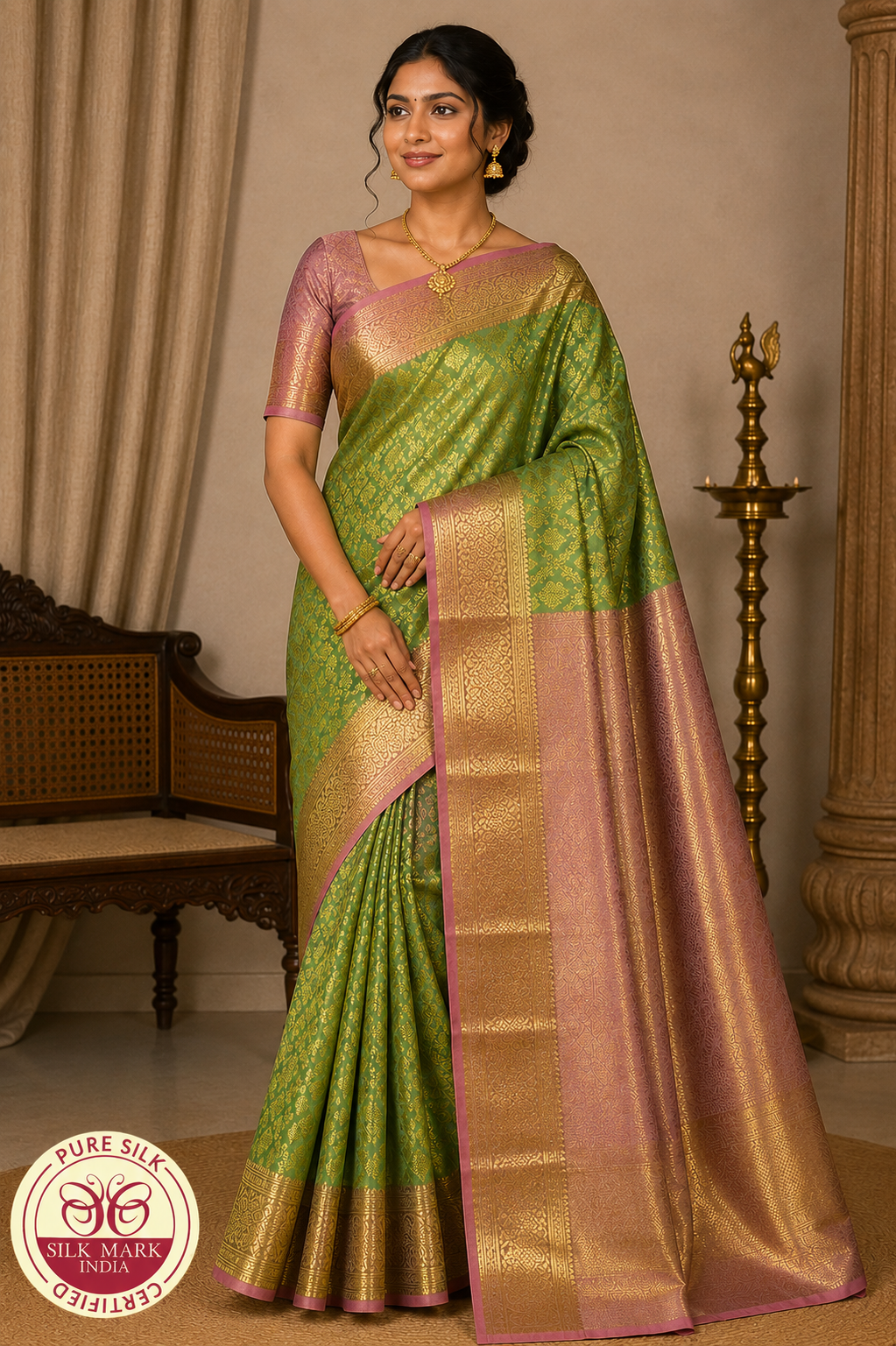 Pure Handloom Kanjivaram Silk Bridal Saree in Parrot Green with Antique Gold Zari & Rose Pink Border
