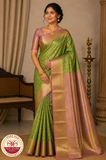 Pure Handloom Kanjivaram Silk Bridal Saree in Parrot Green with Antique Gold Zari & Rose Pink Border