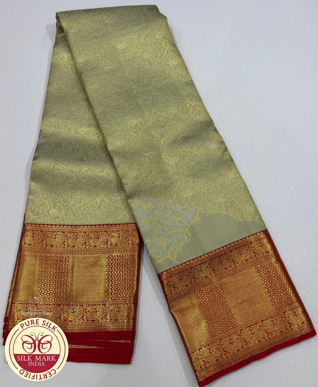 Champagne Gold & Royal Red Bridal Pure Kanjivaram Handloom Silk Saree